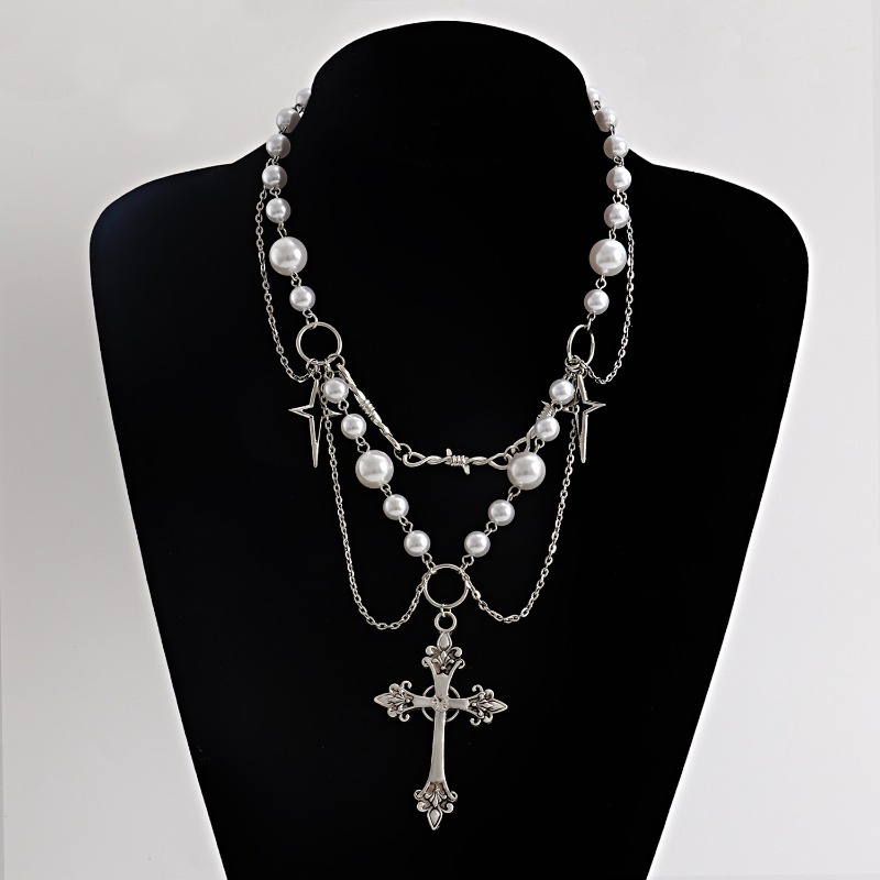 Punk Crosses Pendant Necklace  - Pearl Choker Necklace Vintage review and price