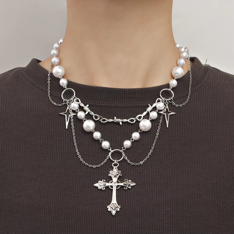 Punk Crosses Pendant Necklace  - Pearl Choker Necklace Vintage review and price