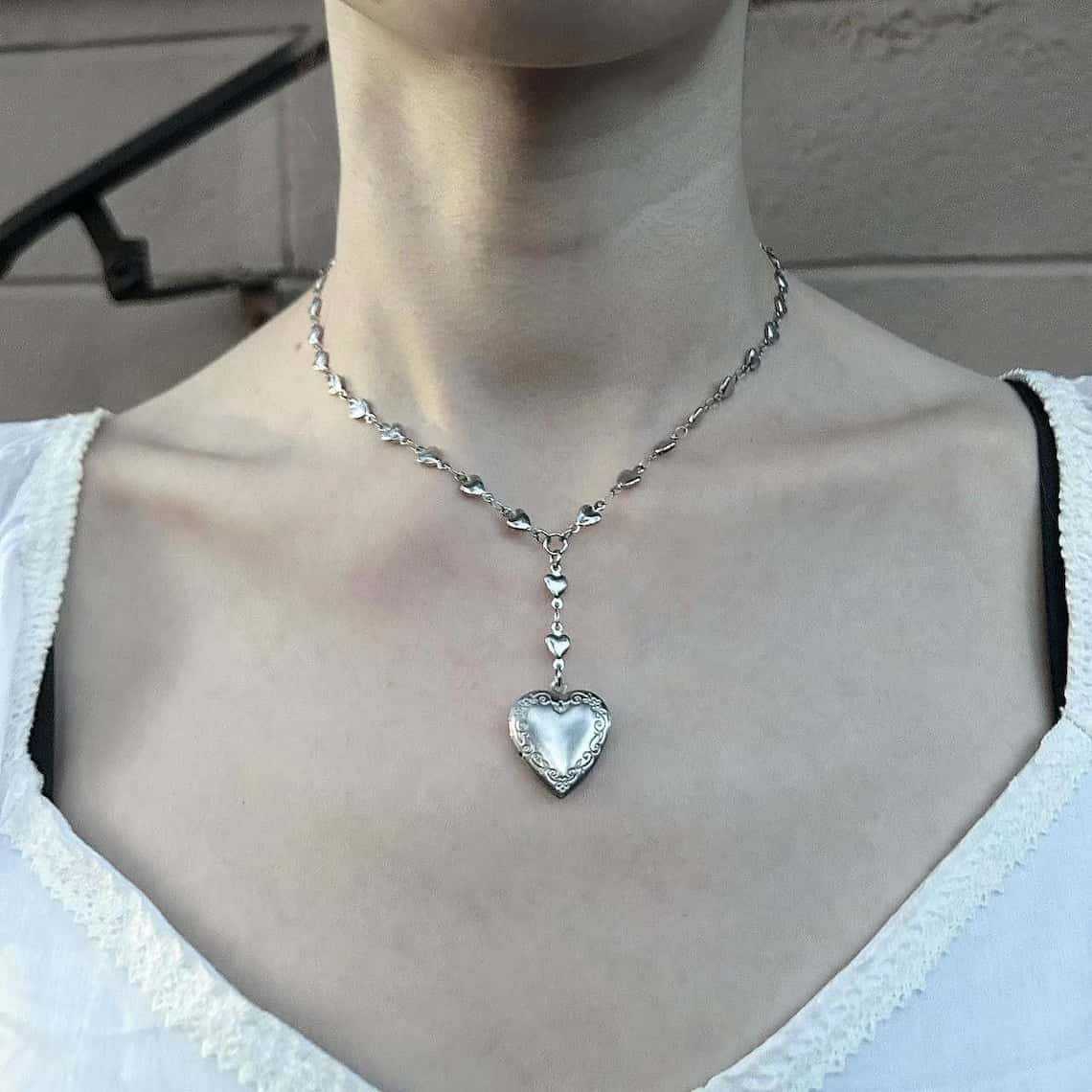 Rosary Lariat Chain Necklace w - Heart Locket Necklace Photo review and price