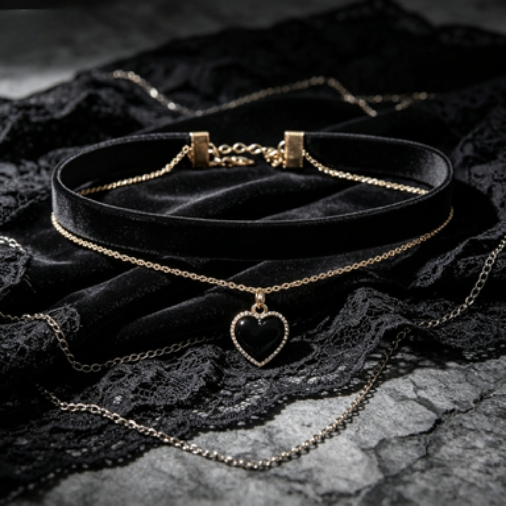 Multi Layer Black Peach Heart  - Layered Pendant Necklace Aesthetic review and price