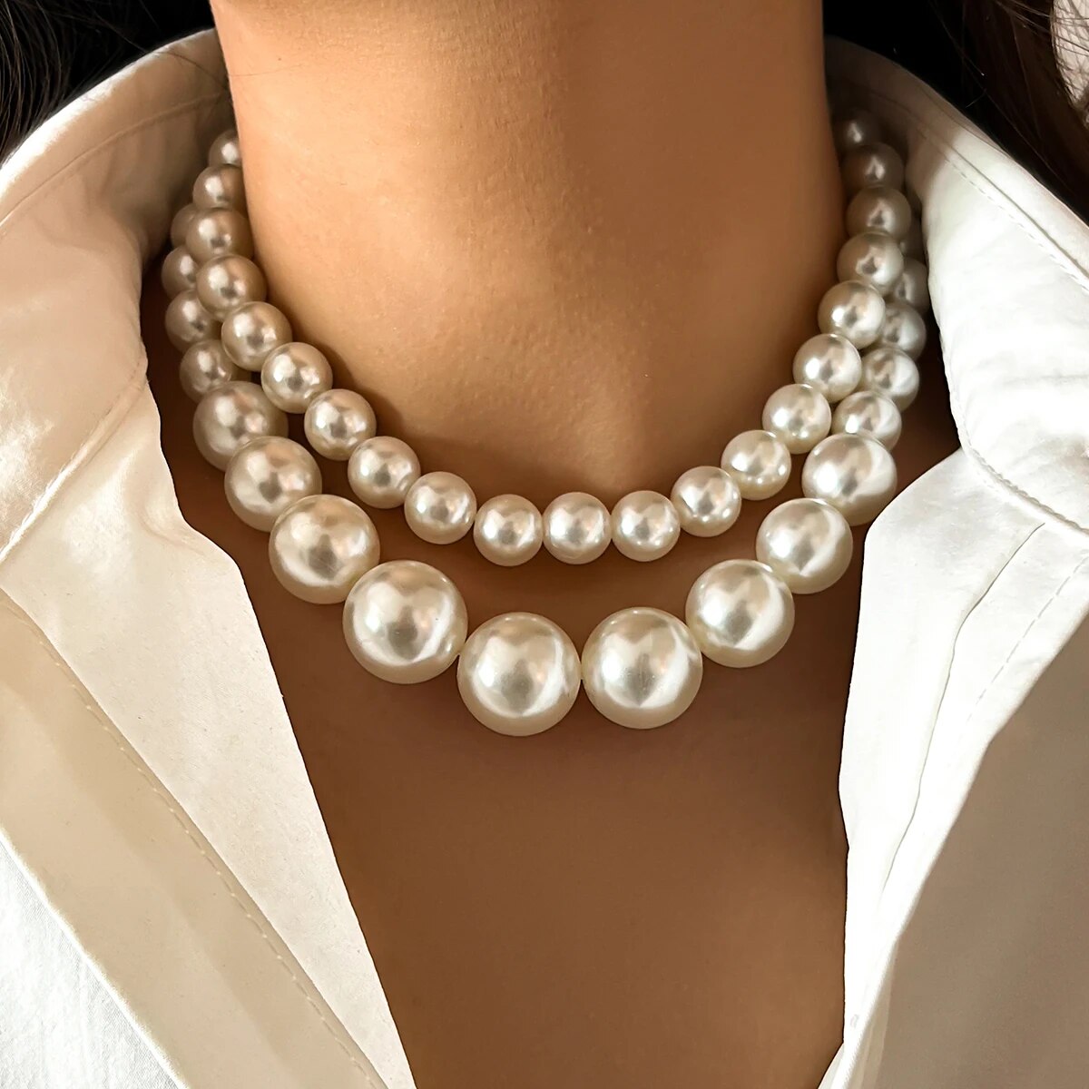 2Pcs/Set Exaggerated Big Imita - Pearl Choker Necklace Vintage review and price