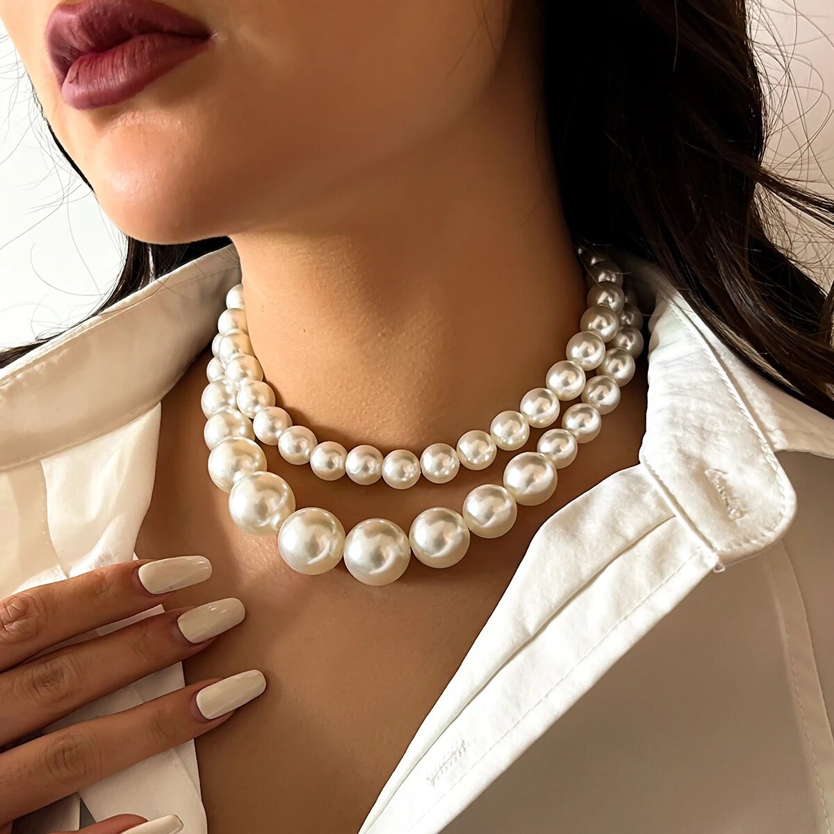 2Pcs/Set Exaggerated Big Imita - Pearl Choker Necklace Vintage review and price