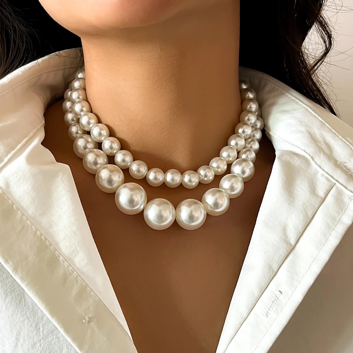 2Pcs/Set Exaggerated Big Imita - Pearl Choker Necklace Vintage review and price