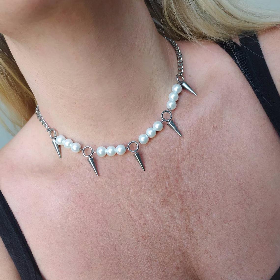 Egirl Pearl Spike Necklace DIY - Goth Punk Spike Choker review and price