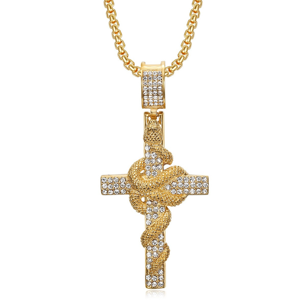 Snake Pattern Carved Stainless - Cross Pendant Necklace Gold review and price