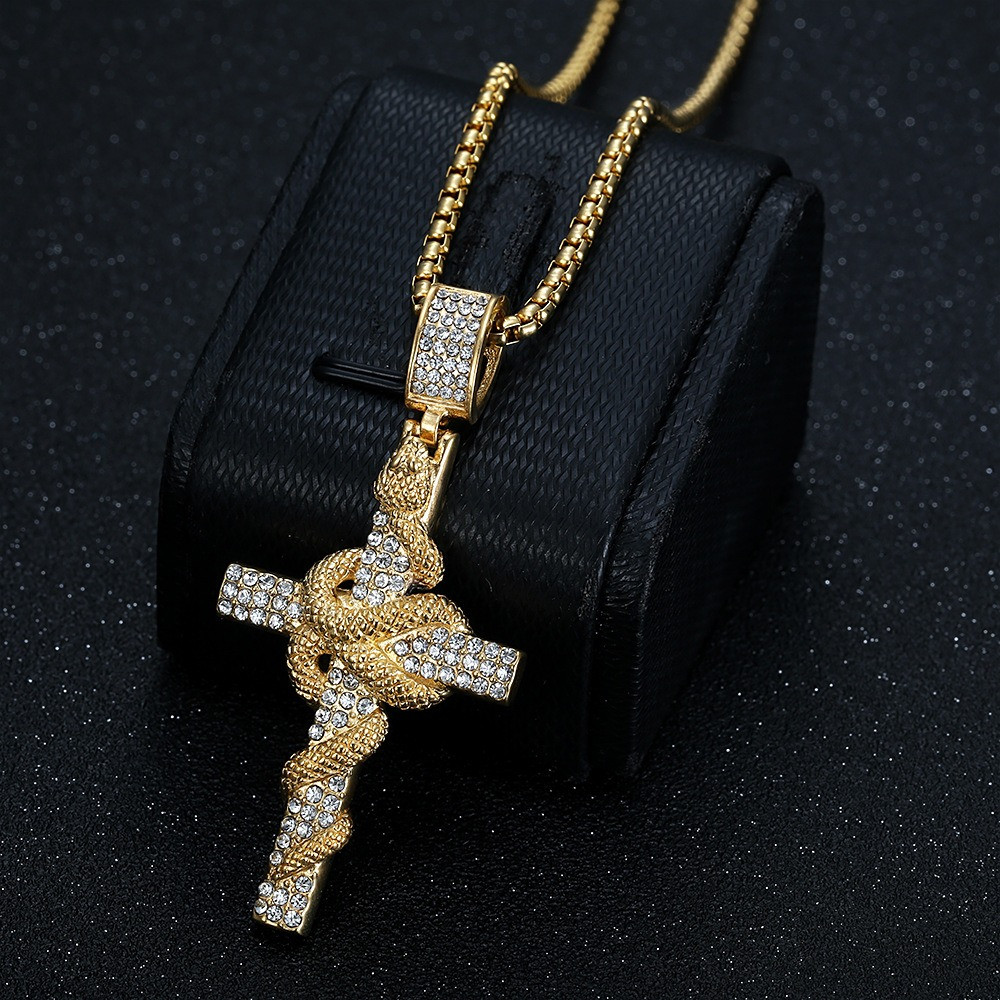 Snake Pattern Carved Stainless - Cross Pendant Necklace Gold review and price