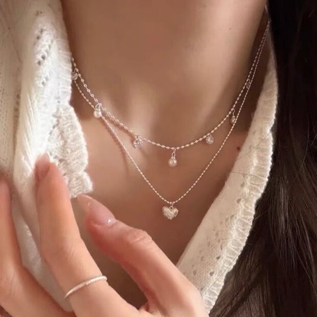 Double Layer Silver Bead Choke - Layered Pendant Necklace Aesthetic review and price